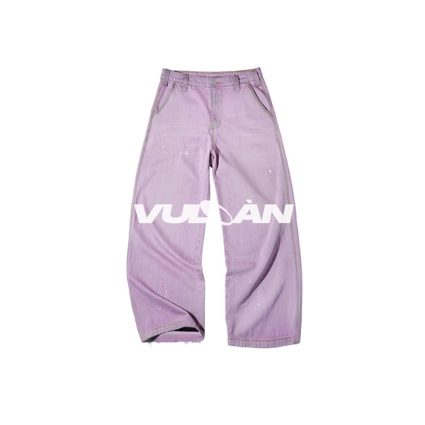 VULCAN粉色工装裤抹脏喷马骝泼墨休闲裤重磅宽松直筒工装牛仔裤
