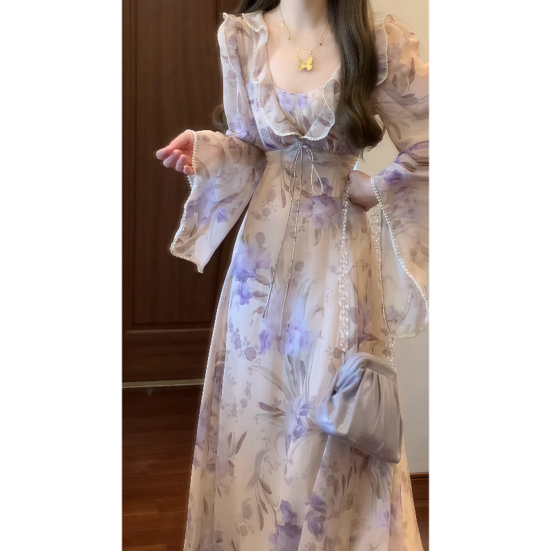 法式温柔鸢尾花印花荷叶边连衣裙喇叭袖收腰海边度假风长裙9212