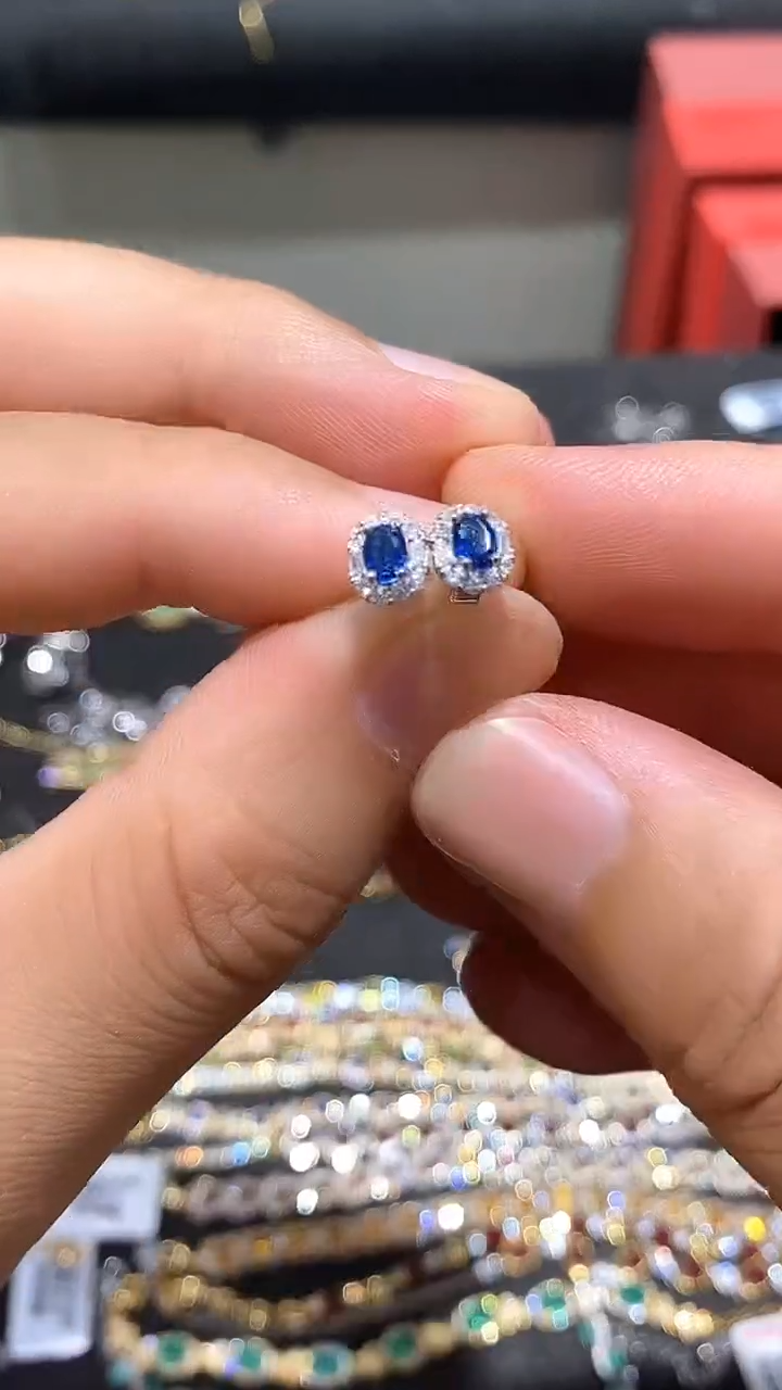 蓝宝石耳饰银S925镀金镶嵌耳钉