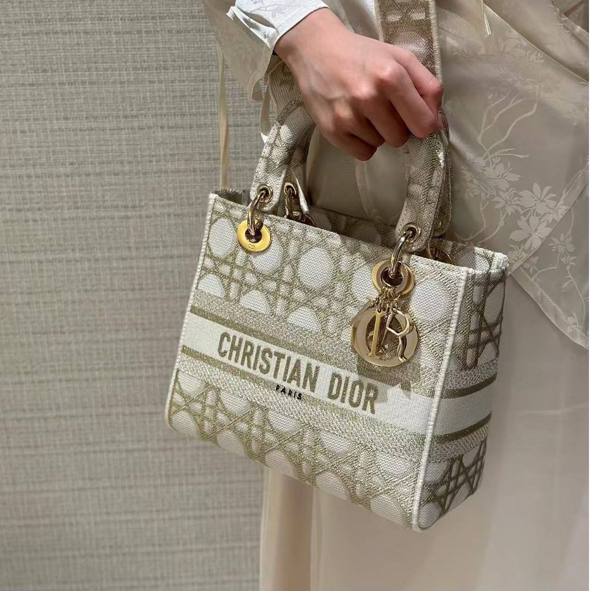 99新 DIOR/迪奥 蔚蓝/白金刺绣款 五格戴妃手提包 中号