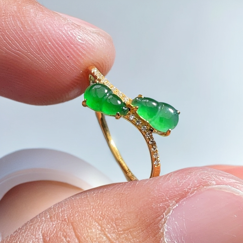 18K金天然翡翠A货-双葫芦交叉戒指K黄1380