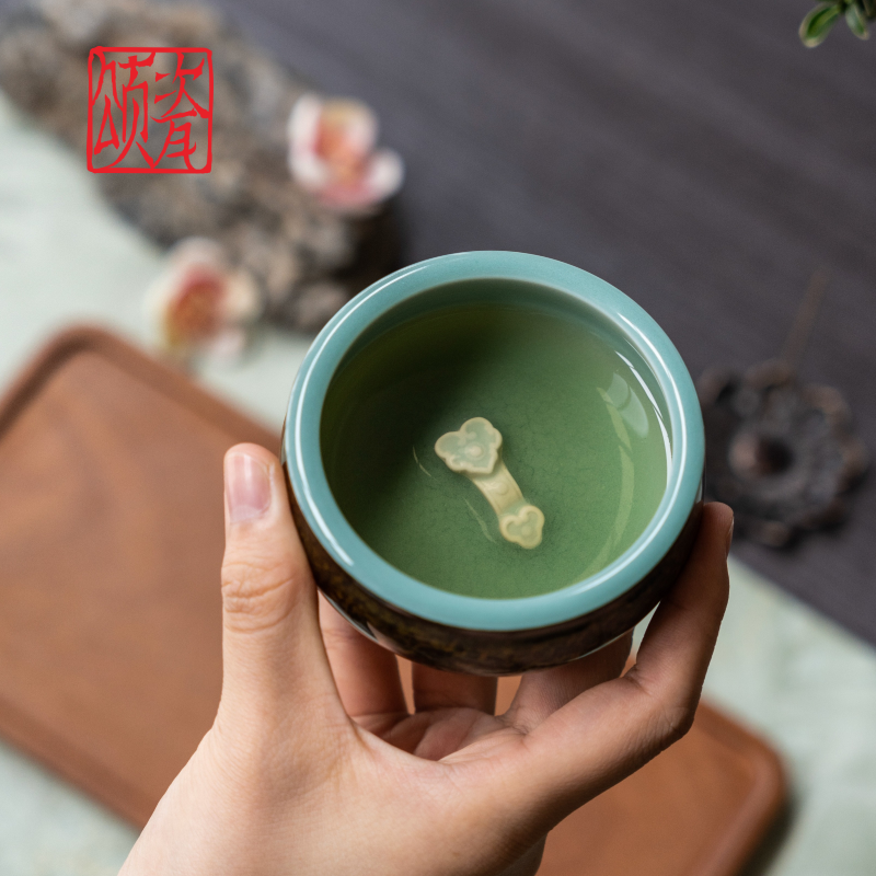 颂瓷林剑军非遗大漆漂漆工艺青瓷手作茶杯主人杯手绘陶瓷复古茶具