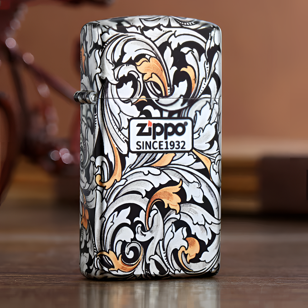 Zippo打火机正版纤巧窄机1932富贵唐草花双面镀银 金中标送礼DYJ1