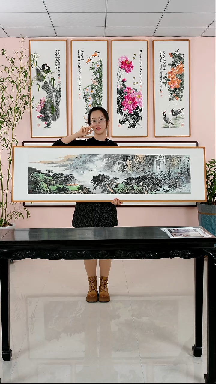 国画张现军《幽亭观瀑》手绘带框162*47厘米