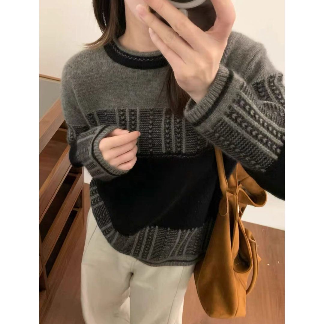 3577【设计感拼色毛衣】秋冬新款百搭女士针织衫外穿上衣