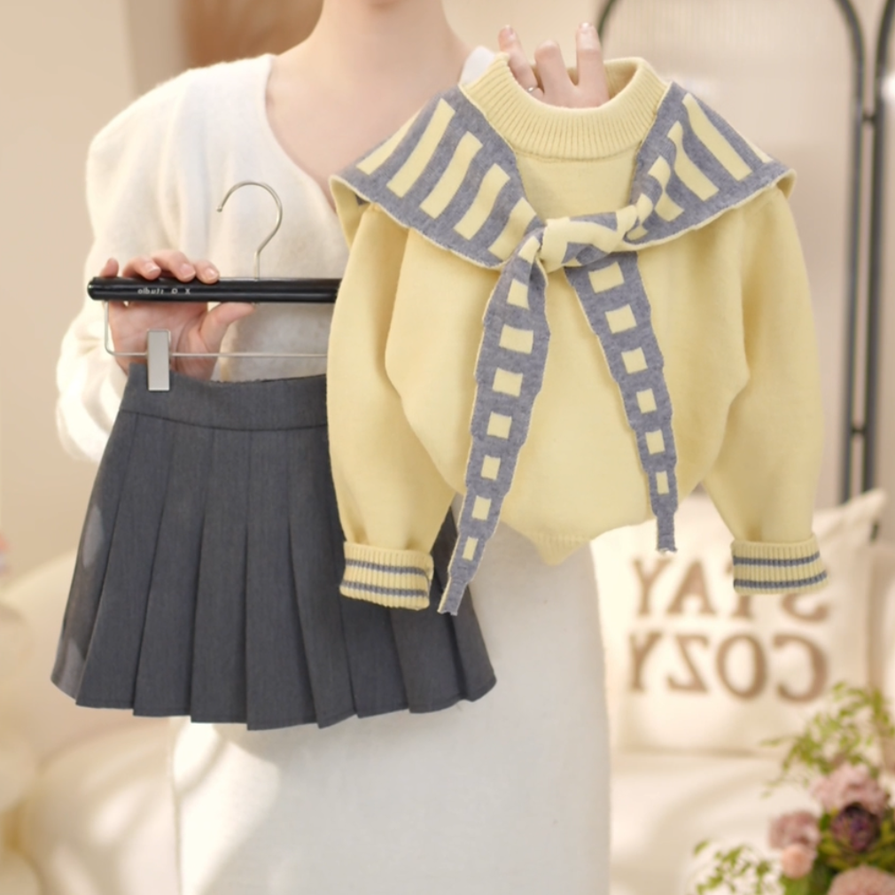 女童2025春季新款洋气披肩毛衣➕百褶裙套装C23006