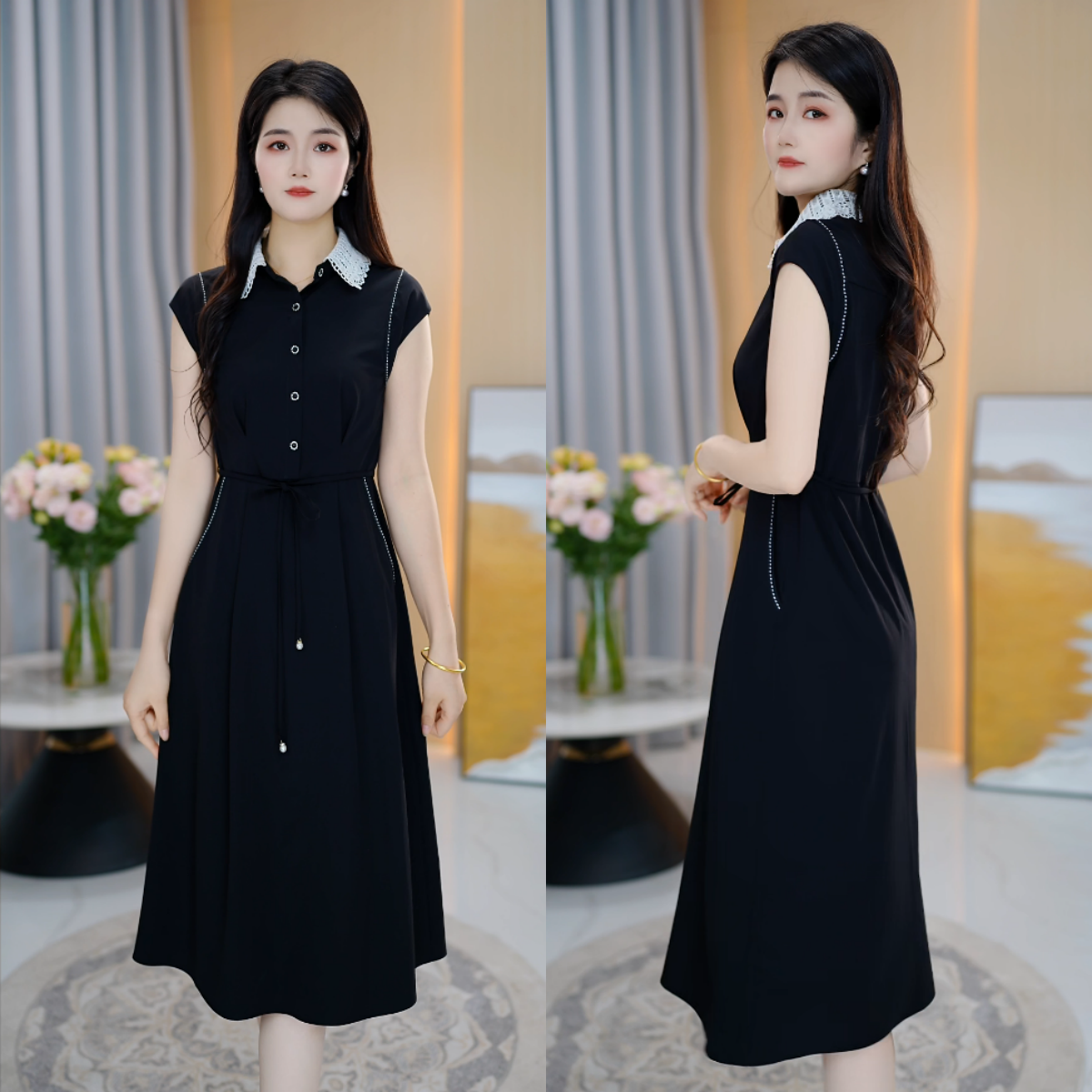 【靓颖佳高定连衣裙】夏季时尚洋气蕾丝拼接翻领修身显瘦黑色连衣裙