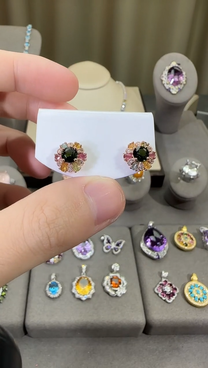 银S925镶嵌耳饰碧玺10mm耳钉设计款多样性发一