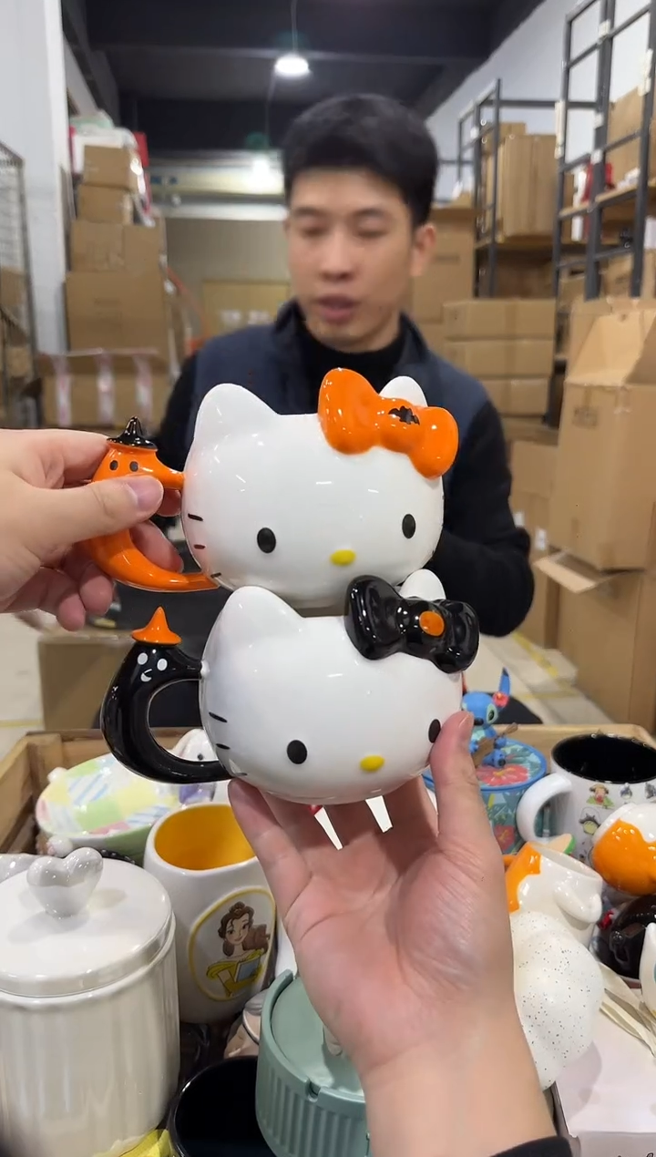 瓷片原盒橙色加黑色kt头杯2件套