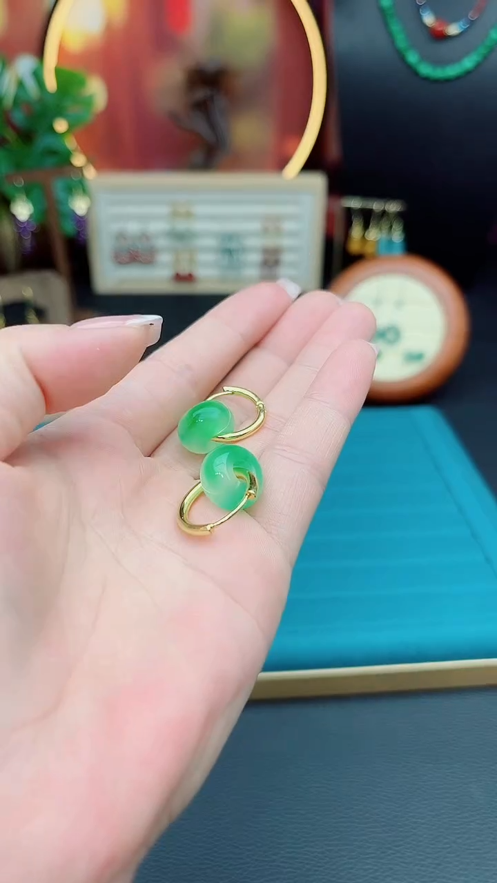 石英质玉（非洲翠）银S925镶嵌耳饰538