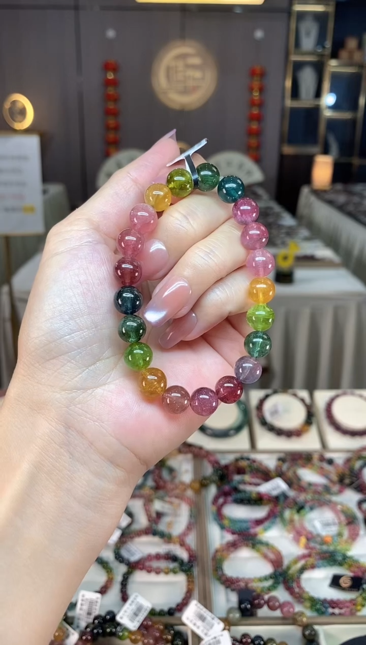 未镶嵌冰透体老矿碧玺彩虹单圈手串9mm+碧玺hon多样性发一条