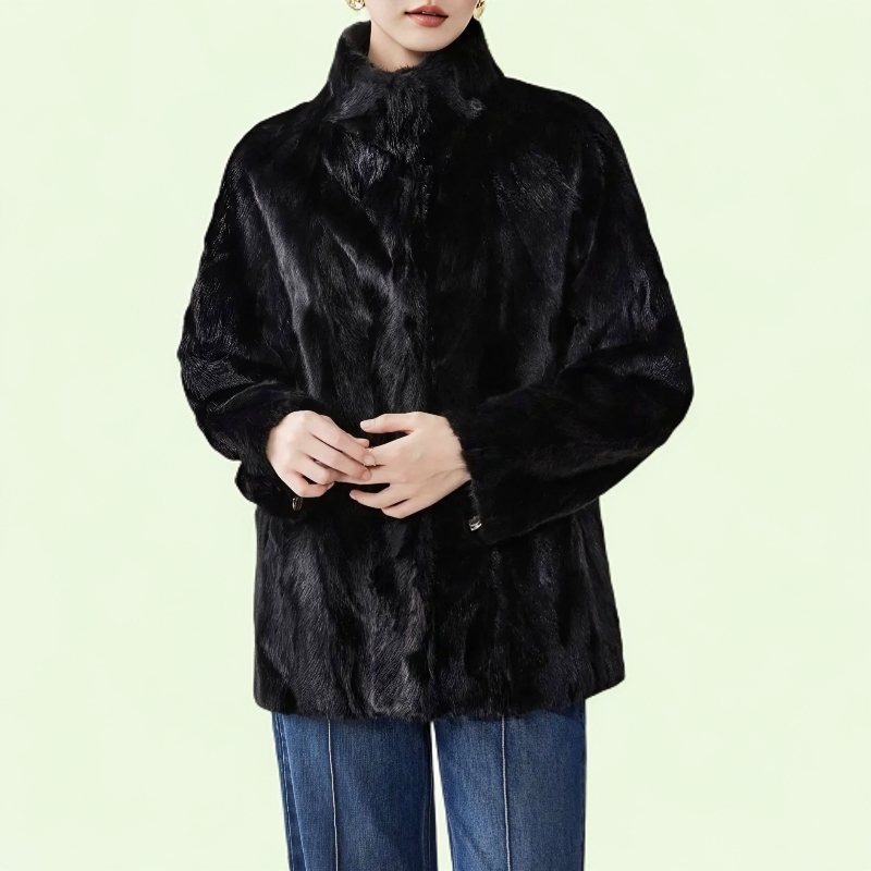 雅婷俪迩女士水貂皮草立领中长款外套新款轻盈百搭皮毛一体拼貂