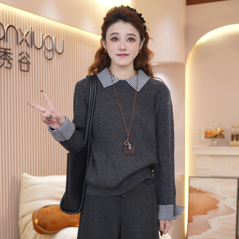 韩系针织休闲风长袖套头款针织衫女2025秋冬假两件翻领上衣Y6155