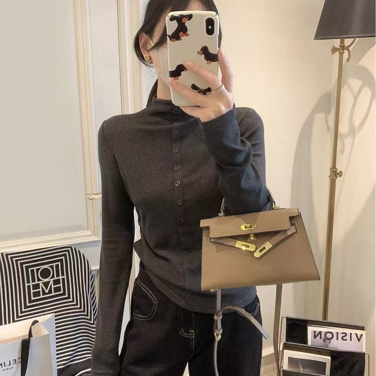 F885 JXYR纽扣装饰半高领软糯德绒长袖2025内搭打底衫上衣XH