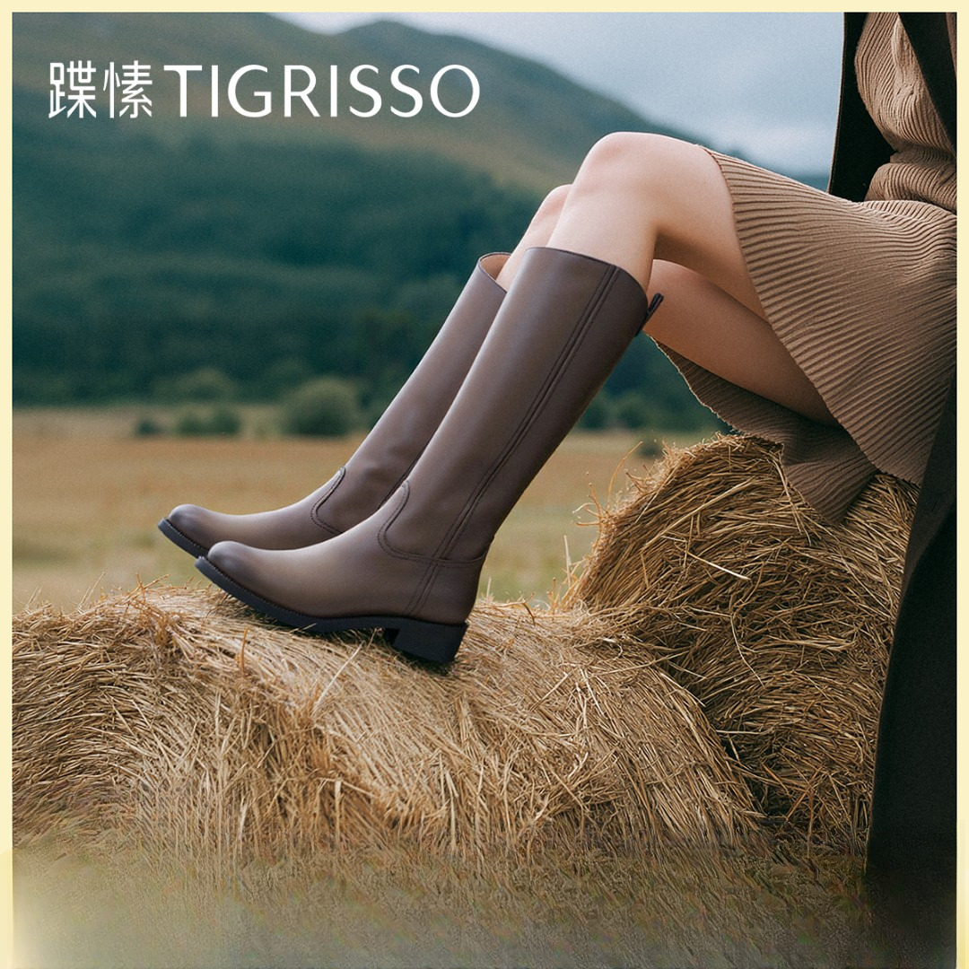 蹀愫秋冬新款简约百搭潮酷真皮骑士靴长筒靴女鞋靴子TA43768-11
