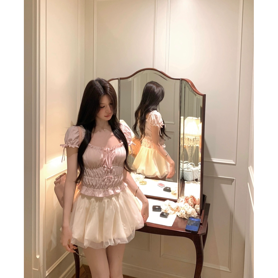 【小美】大码女装公主方领泡泡袖上衣温柔氛围感短裙套装12051