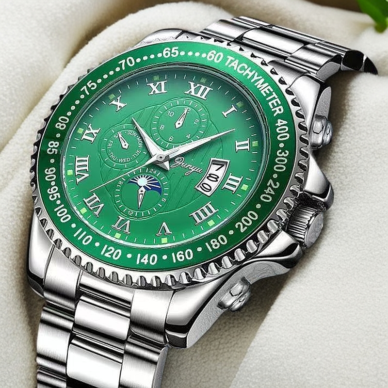 【云仓现发】--junyu三眼六针绿盘--全新夜光防水商务手表男款-33