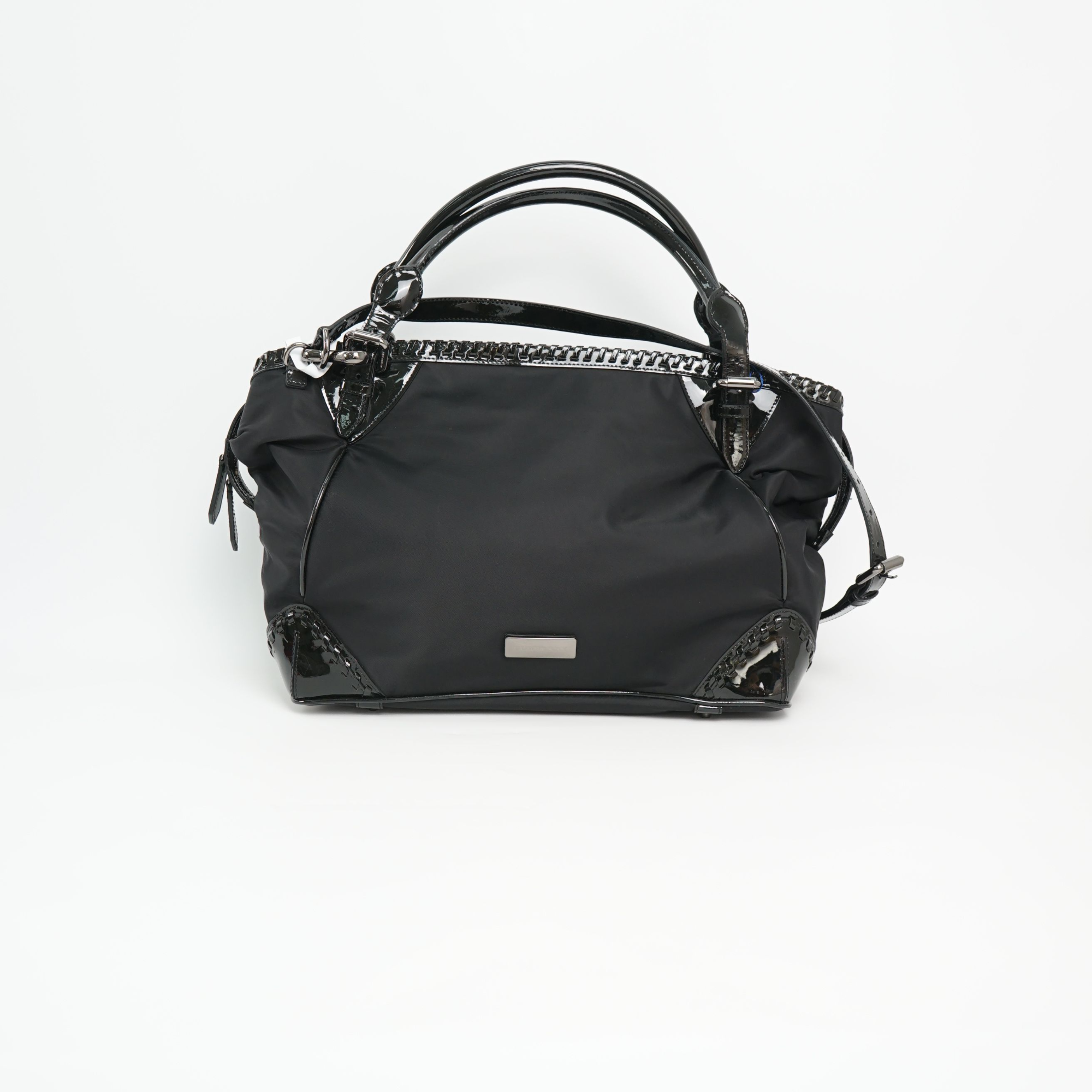 95新 BURBERRY/博柏利 大购物袋黑色帆布拼漆皮/肩带/DS020248