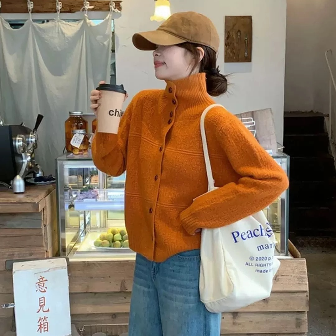 【运费补贴】【双条纹】橘色欧货针织开衫女毛衣外套气质宽松上衣