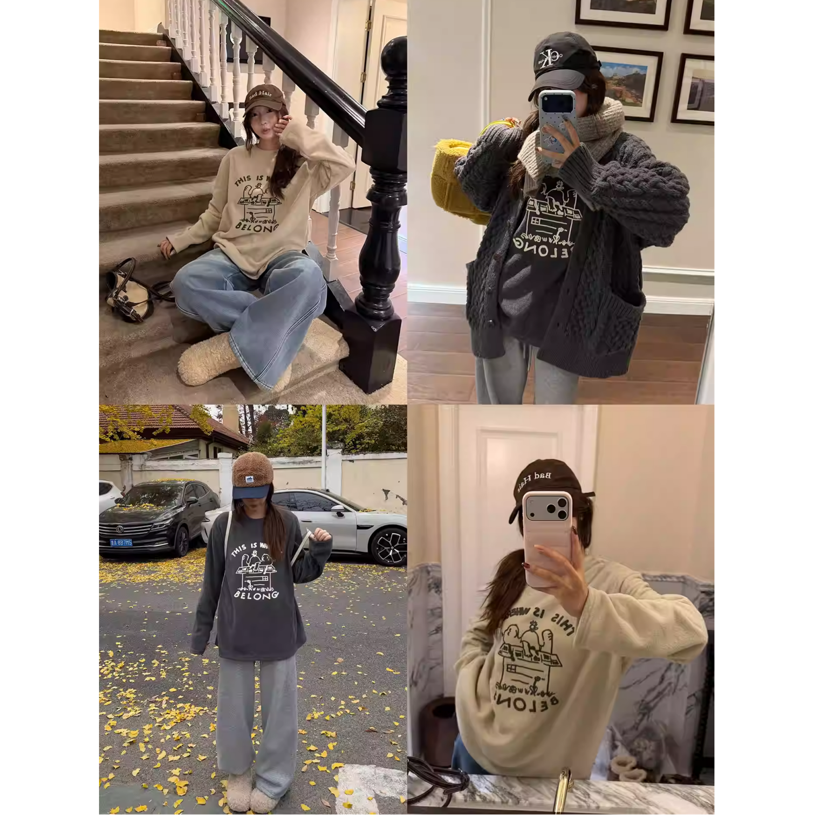 韩系时髦宽松休闲显瘦减龄ins印花磨毛长袖T61958