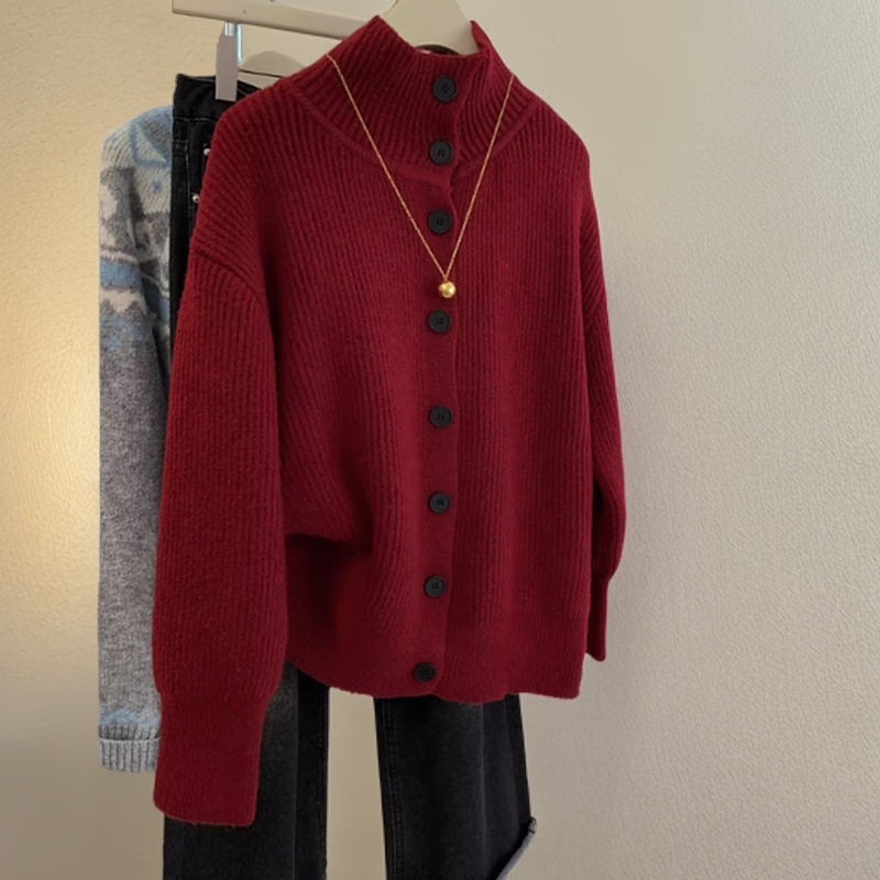 红色圣诞高领毛衣外套女2025新款秋冬穿搭立领气质针织开衫上衣厚