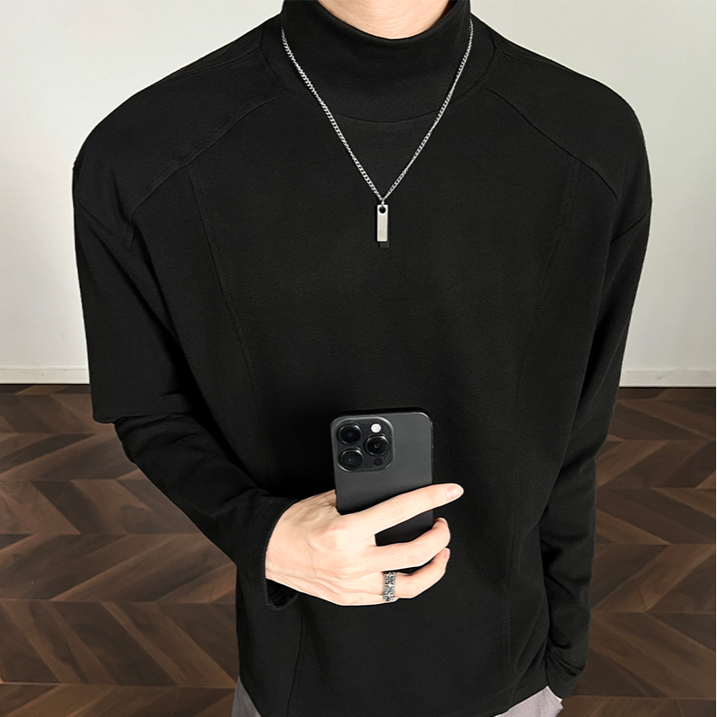 OWH德绒半高领长袖T恤男潮牌拼接解构设计秋冬穿搭纯色百搭打底衫