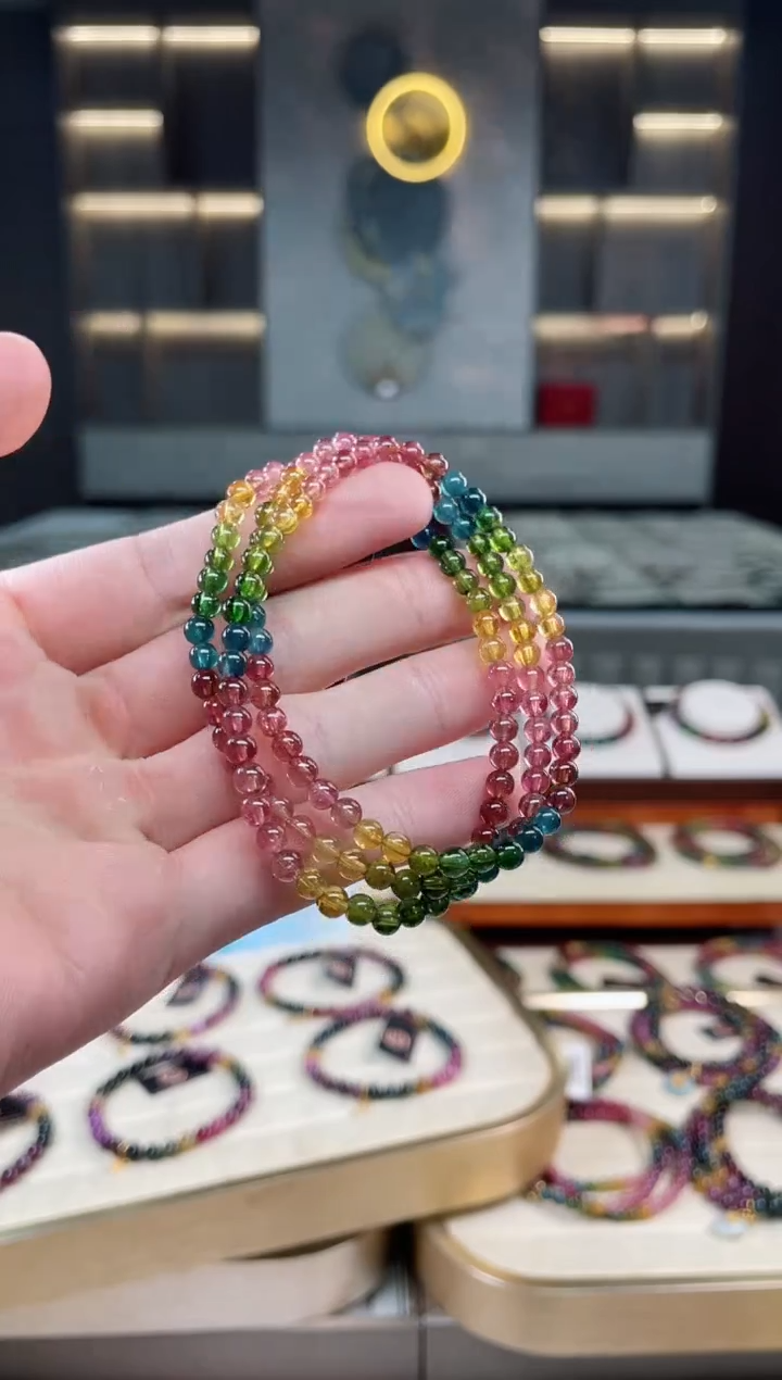 未镶嵌冰透体老矿碧玺彩虹三圈手串4mm+碧玺多样性发一条xion