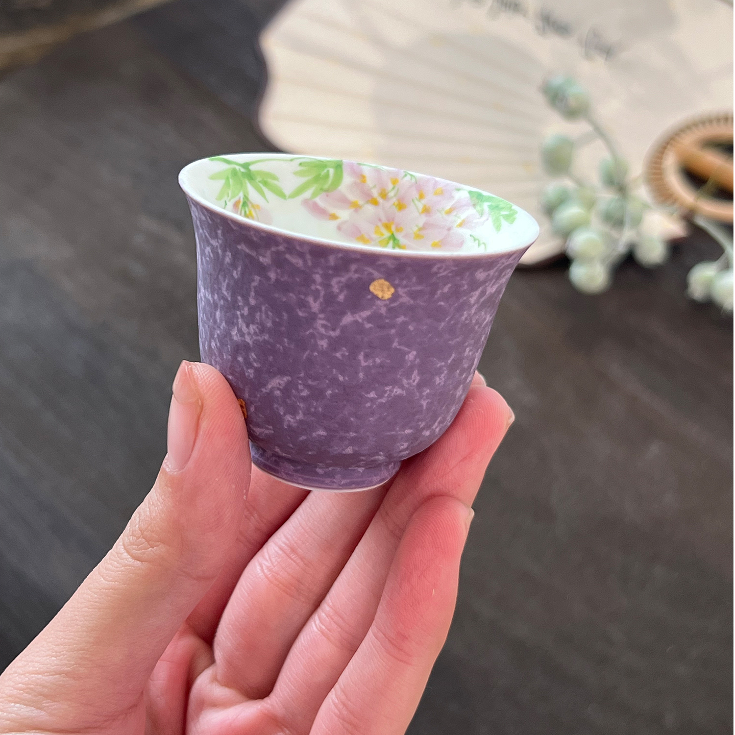 亘古手绘紫洒金紫藤花茶杯闻香杯紫色不规则形状高颜值茶具单杯