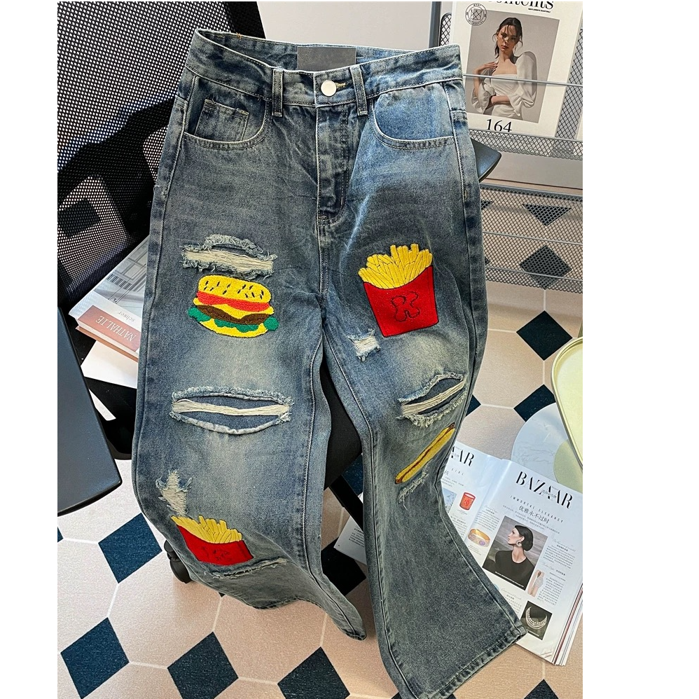 美式复古港风破洞刺绣牛仔裤女夏季宽松高腰直筒窄版阔腿长裤