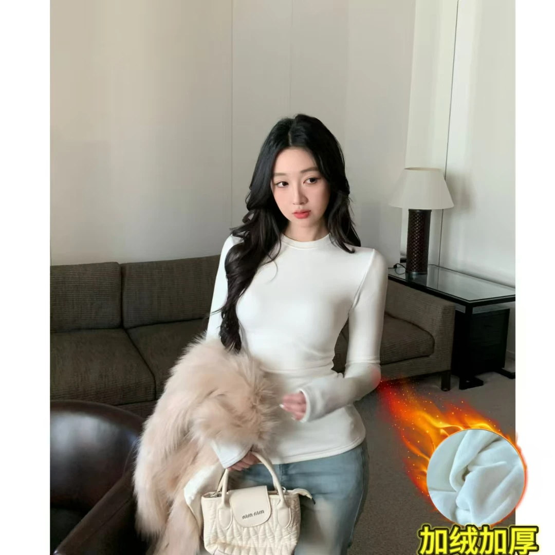 【加绒加厚】摇粒绒秋冬打底衫正肩圆领收腰长袖T恤纯色基础款商品图