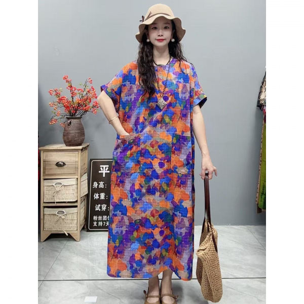 5279夏季新款清凉气质时尚复古遮肚宽松女显瘦百搭圆领休闲连衣裙