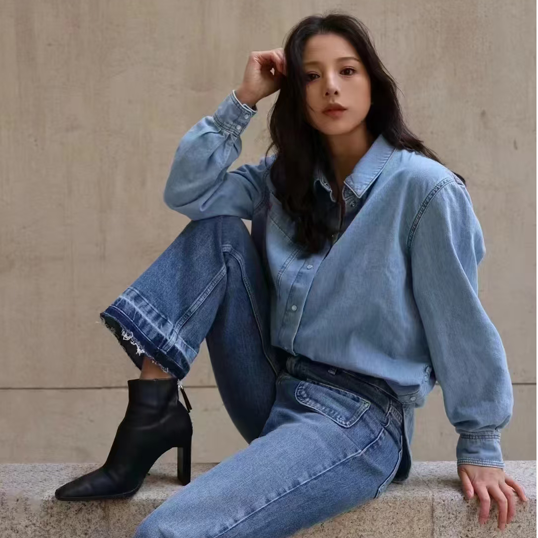 【碧海蓝天】2025早春明星同款复古怀旧百搭蓝色牛仔衬衫女.Y7936