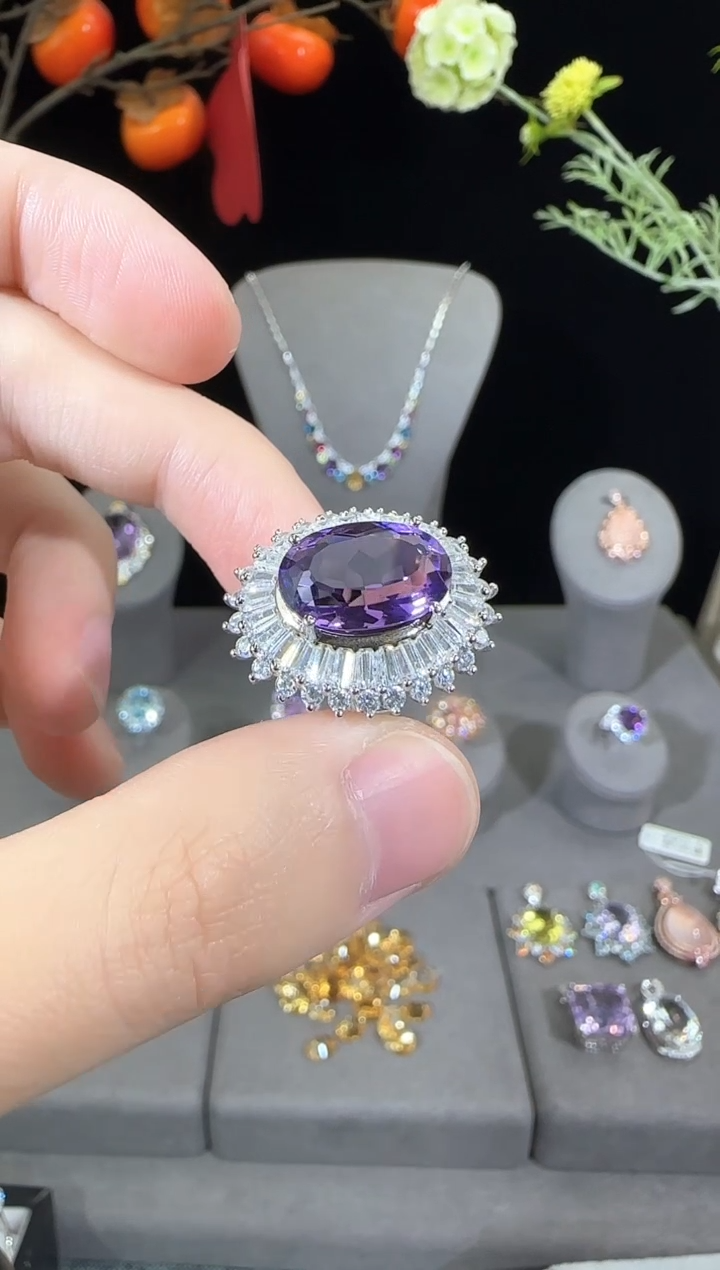 紫晶戒指银S925镶嵌10*14mm