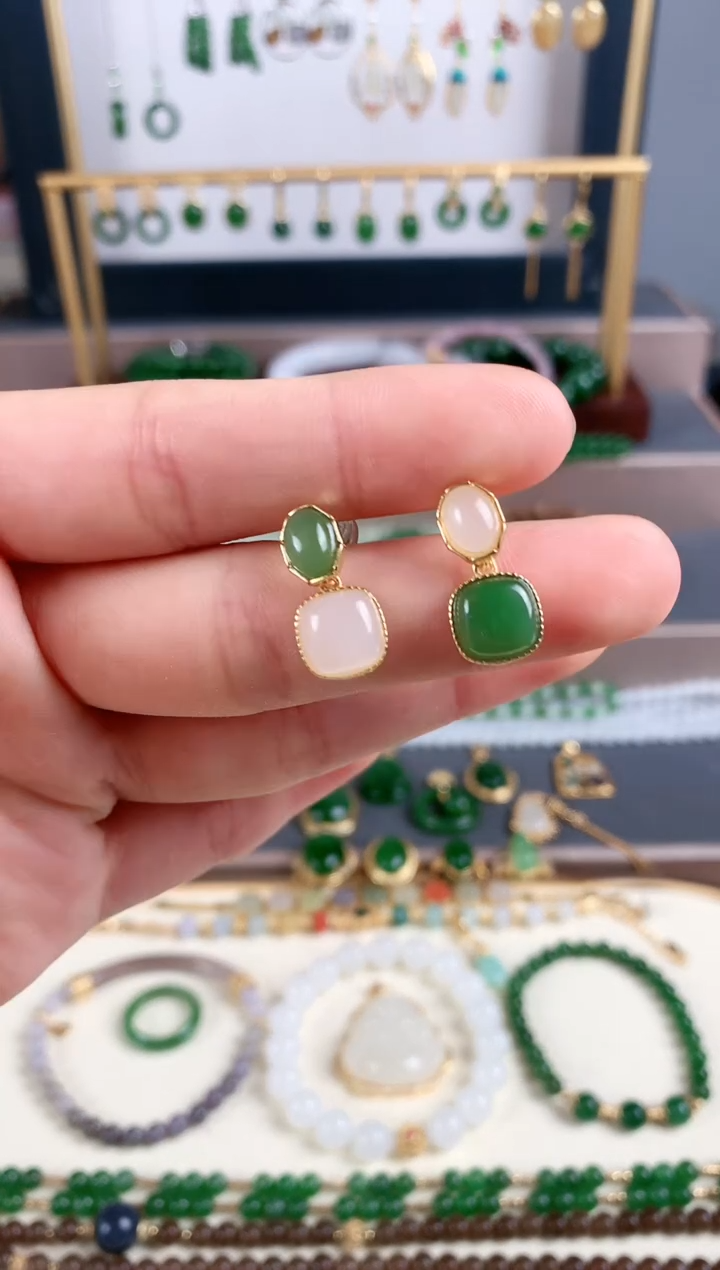 银S925镶嵌和田玉耳饰1