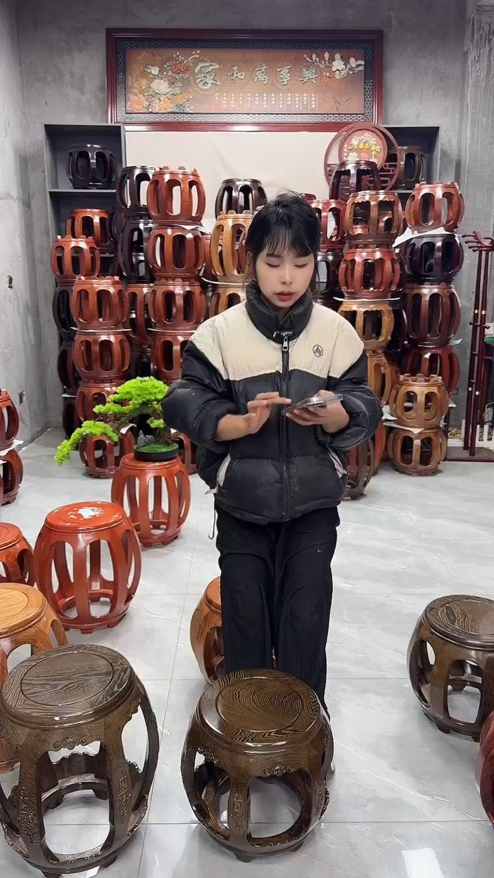 【闪购商品】鸡翅木类家具鸡翅木小号雕花鼓凳一对