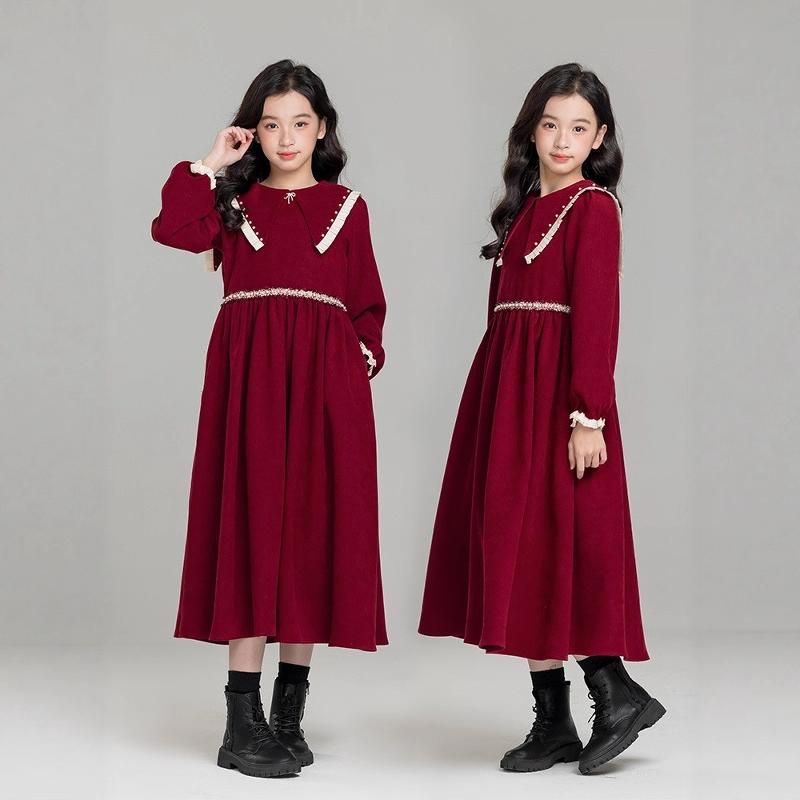 女童红色洋气连衣裙秋冬新款中大童灯芯绒长款翻领甜美A字公主裙