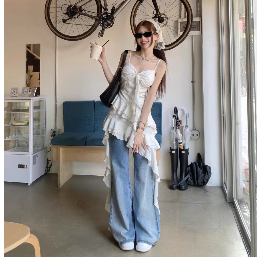 法式荷叶边不规则吊带连衣裙气质纯欲风海边沙滩长群两件套6323