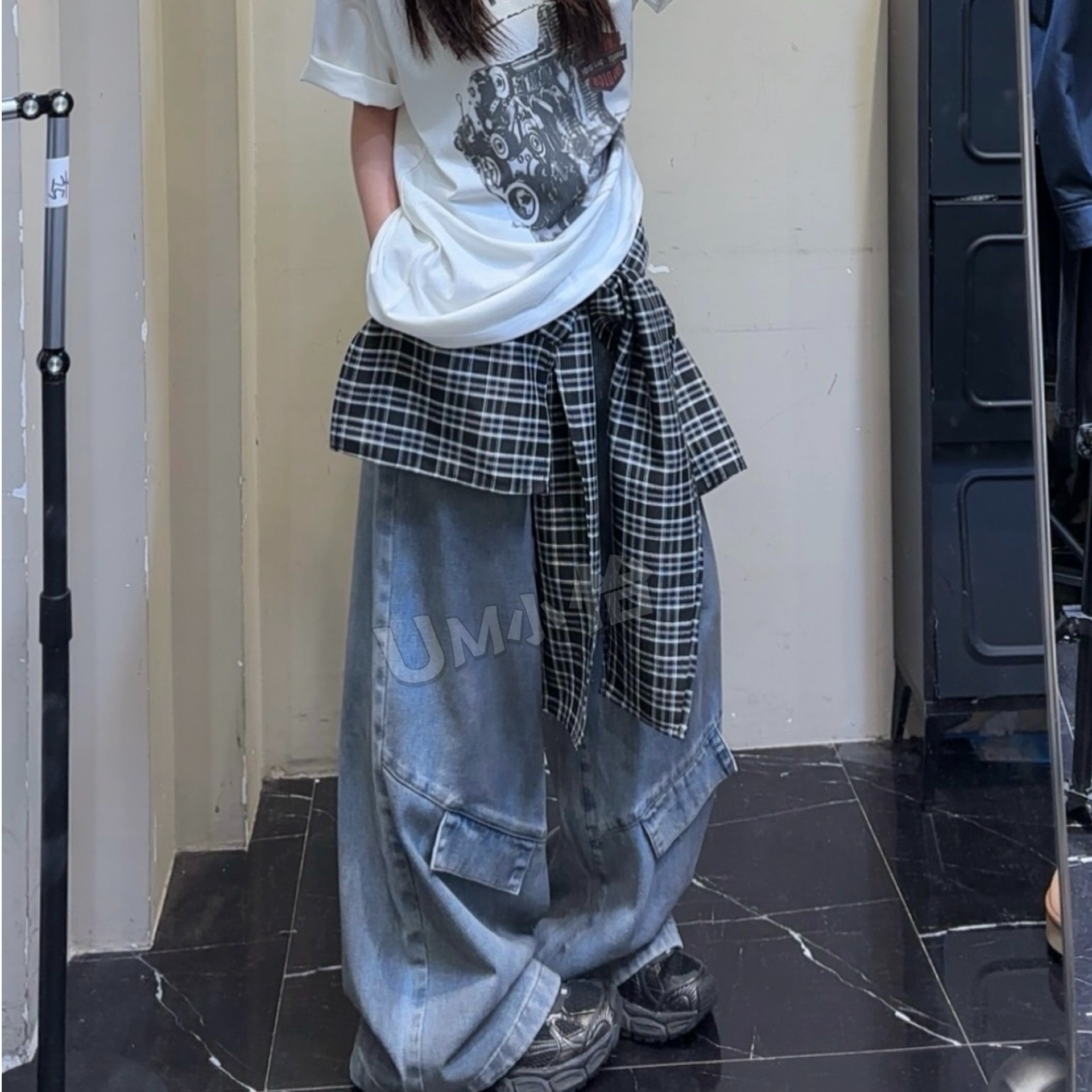 鑫怡定制【克伯拉德】夏款新款小众水洗潮流宽松阔腿牛仔裤带屁帘