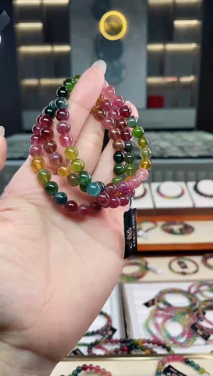 未镶嵌老矿碧玺彩虹三圈手串7mm+碧玺（多样性发一条）T
