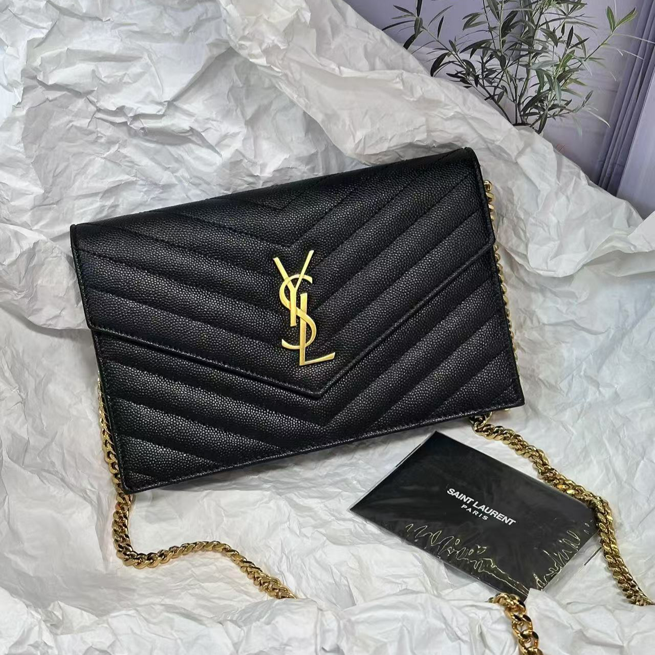 99新 YSL/圣罗兰 黑金信封woc链条单肩包G9068