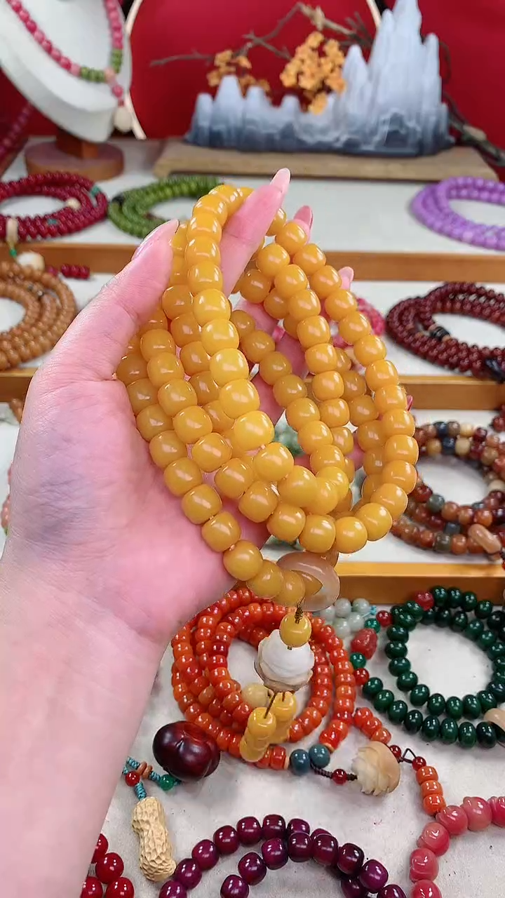 手串菩提根/象牙果米黄桶珠莲花多圈