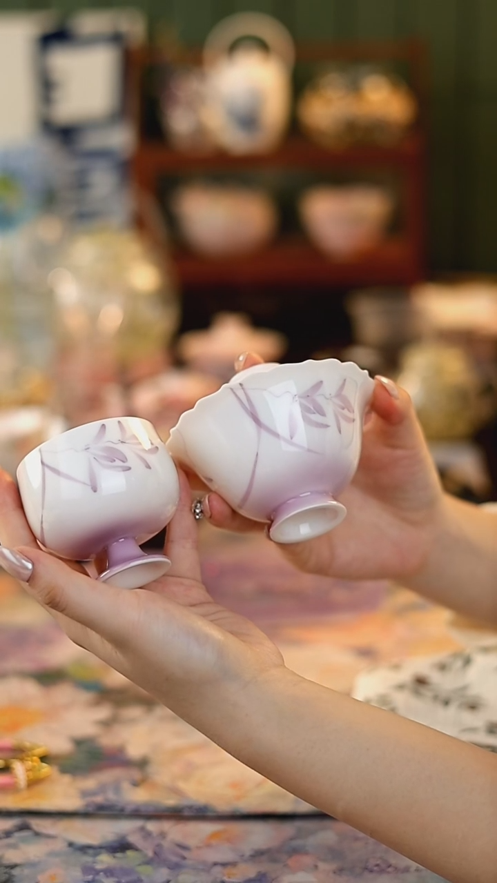 瓷片11111梵汝渐变紫手绘兰花盖碗+杯子