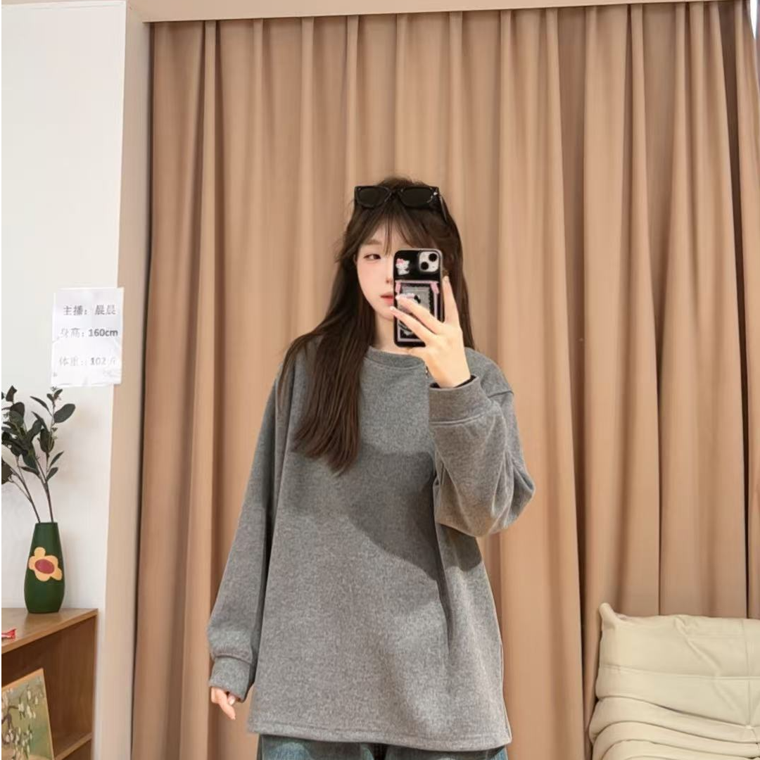 86091余小鱼【懒人穿搭】两色百搭休闲宽松大版韩版圆领卫衣女装