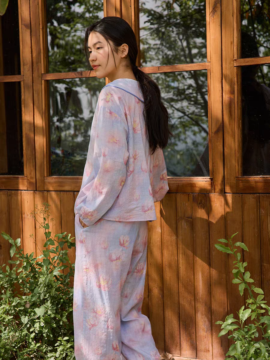 朵朵可可睡衣女2025春秋新款竹节棉花边领长袖长裤温暖家居服套装