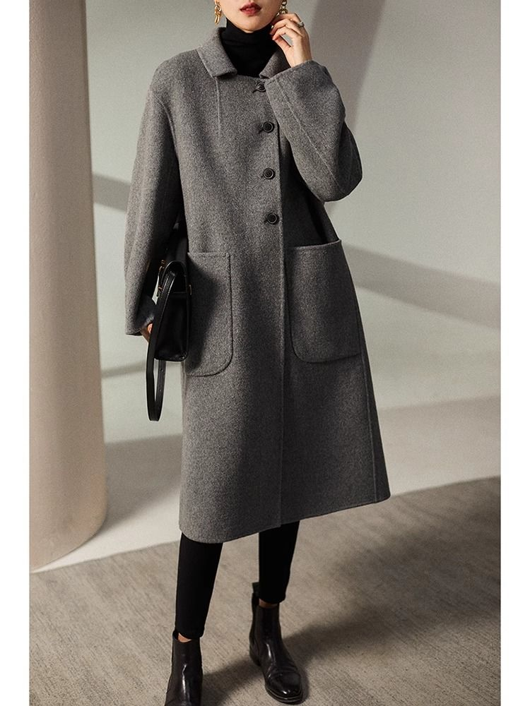 宽松女长款厚毛呢外套中长款气质双面呢简约高级感灰色秋冬款外套