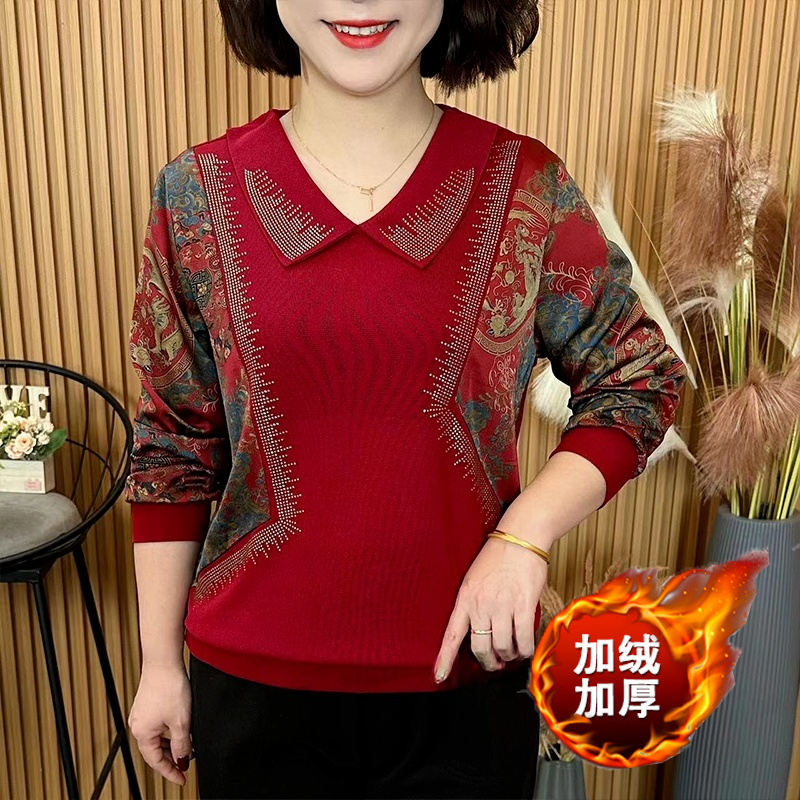 2025年中年妈妈装洋气烫钻翻领舒适气质T恤拼接长袖印花通勤上衣