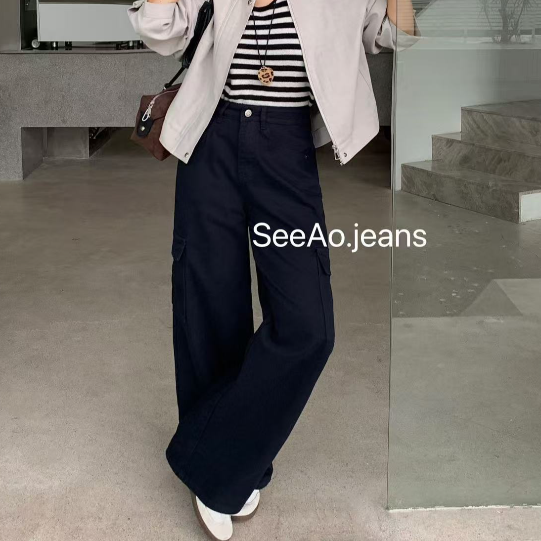 SeeAo.Jeans工装裤-秋季新品直筒复古牛仔阔腿裤