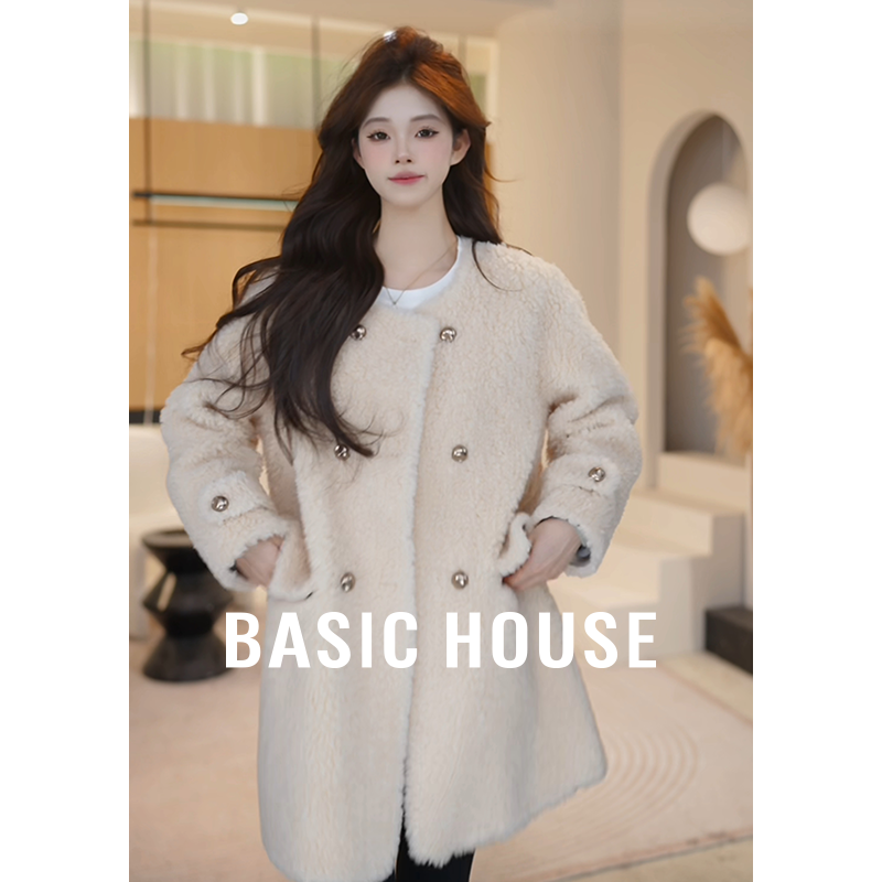 Basic House/百家好冬季新款小香风羊羔毛毛呢外套B1195B56G82