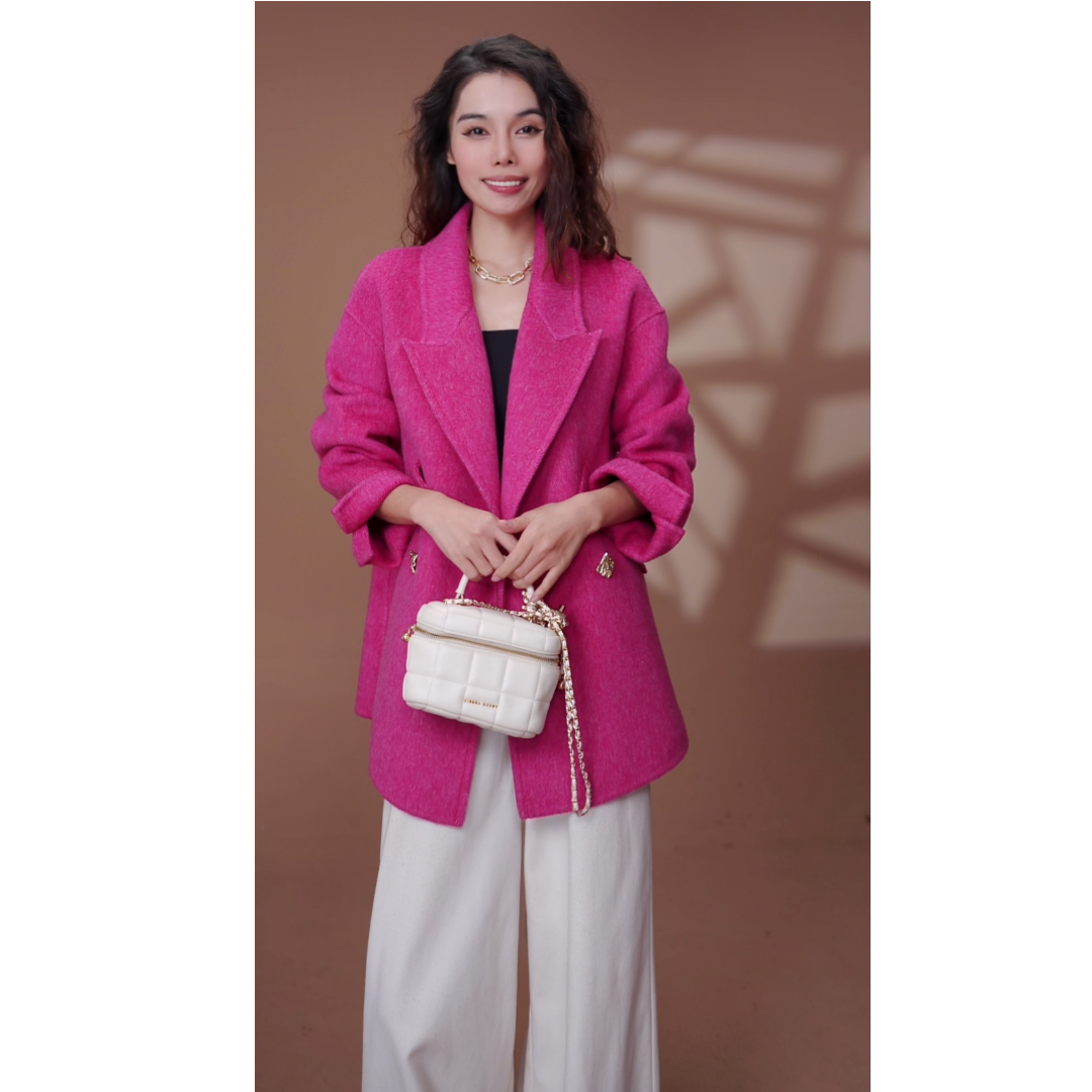 【预售25089玫红短版】羊驼羊毛大衣设计师款秋冬毛呢外套-禁水洗