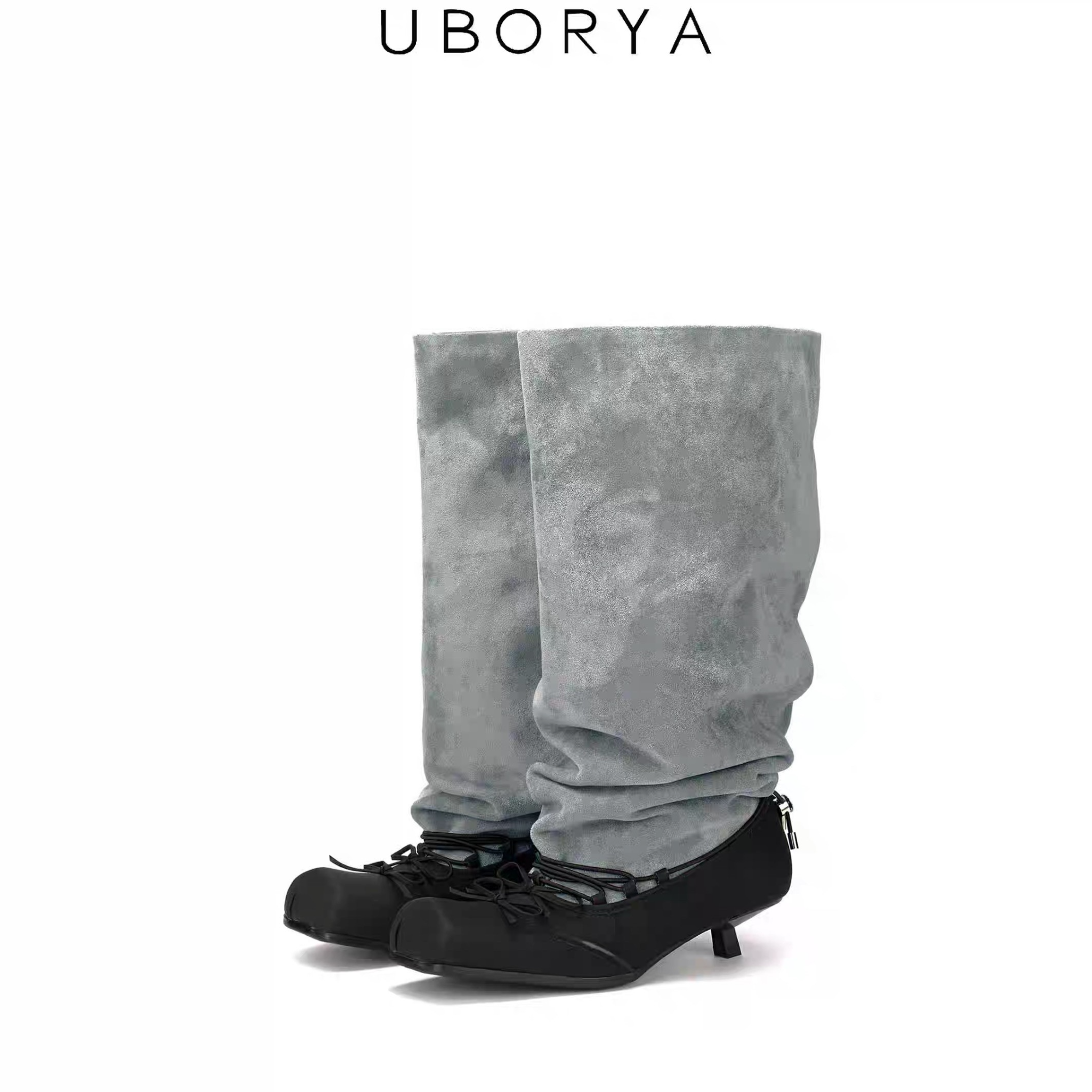 活动专属UBORYA原创设计师灰色拼色麂皮绒复古低跟绑带芭蕾堆堆靴